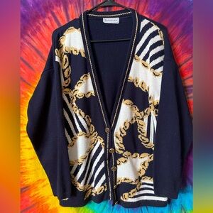 Vintage Navy White and Gold Cardigan Sweater Large